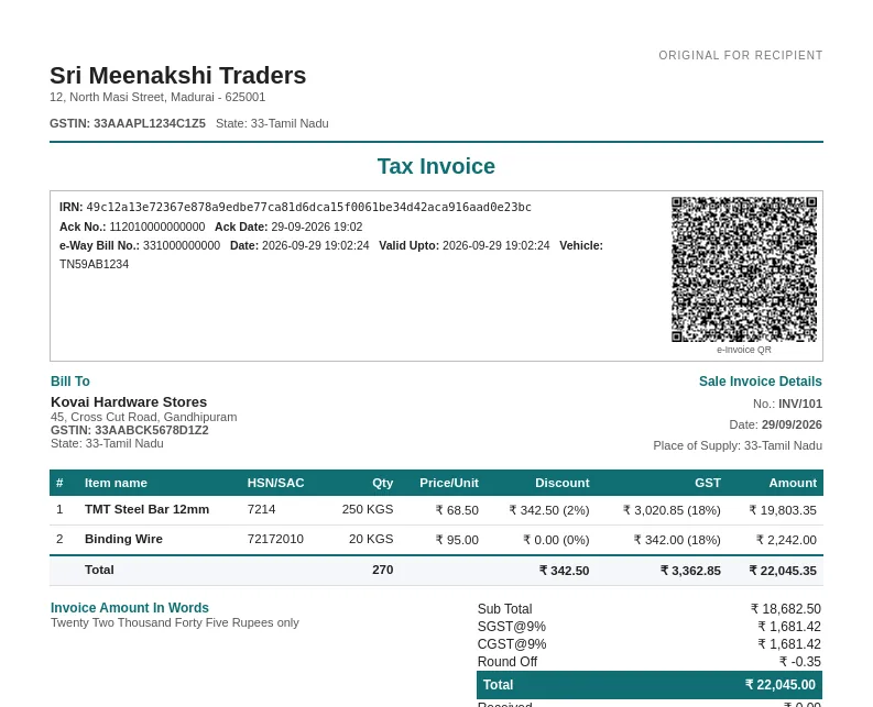 Invoice printed with IRN, acknowledgement number and signed QR code